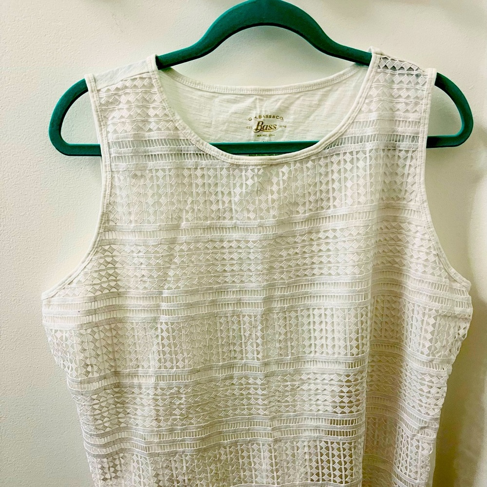 Layer ready! Feminine, crocheted shell. Great with cardis, blazers & jeans.